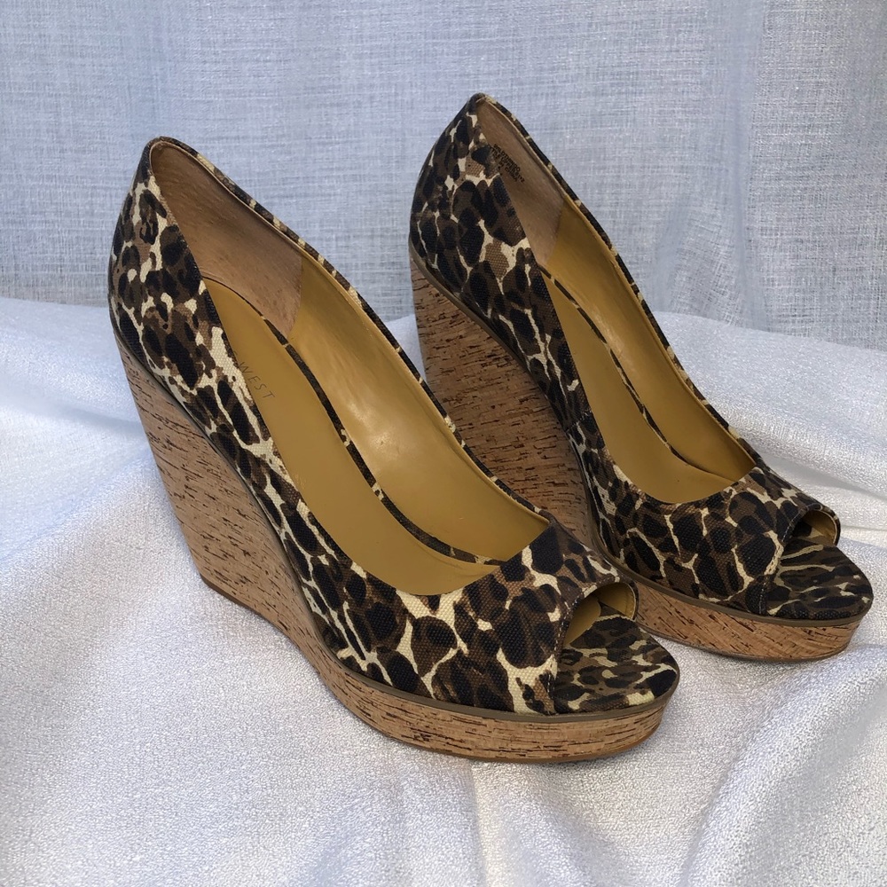 Nine West Animal Print Cork Wedges, Peep Toe